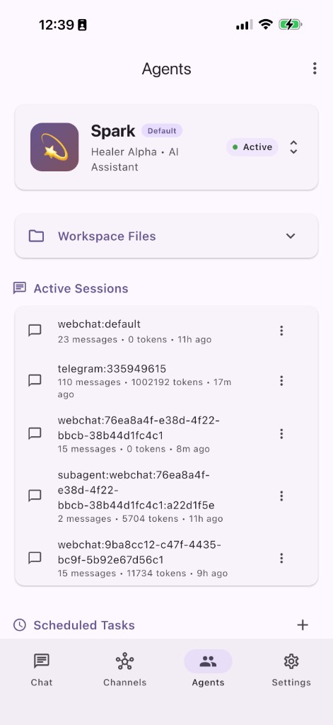 Agents: Spark, workspace files, active sessions