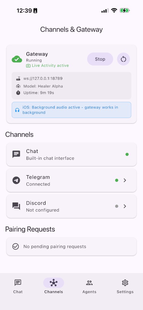 Channels & Gateway: gateway status, Chat, Telegram, Discord